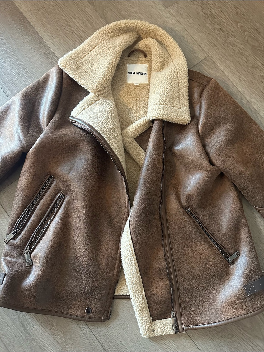 Steve Madden Faux Suede Shearling Aviator Jacket - L